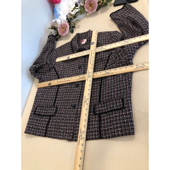 JM Collection Tweed Jacket Size 18 Contrasting Black Trim Button Up 4 Buttons - Picture 6 of 8